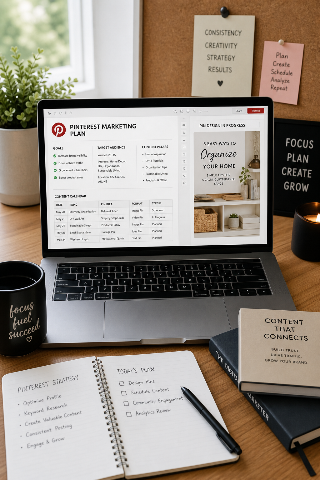 Professional workspace showing Pinterest marketing planning and content creation on a laptop