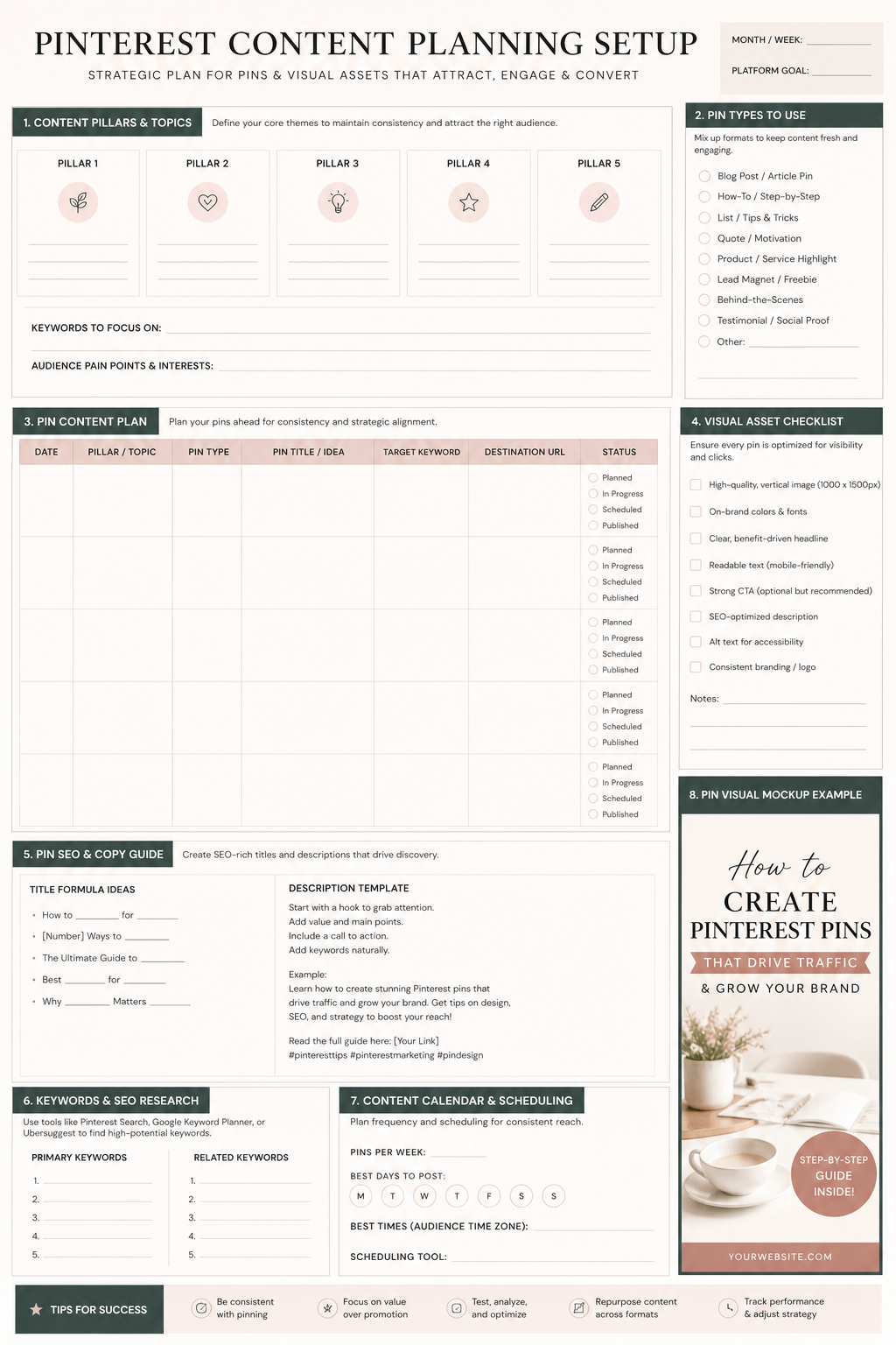 Detailed content planning setup for Pinterest pins and visual assets