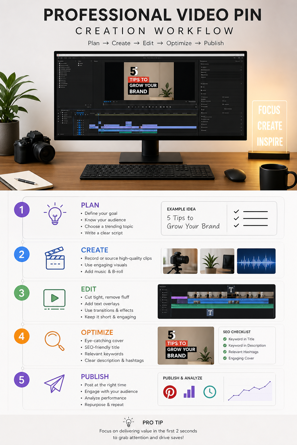 Professional video pin creation workflow on a clean desktop setup
